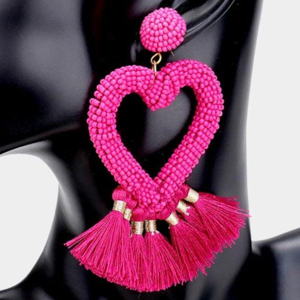 Seed Bead Heart Pink Tassel Earrings-Earring-SPARKLE ARMAND