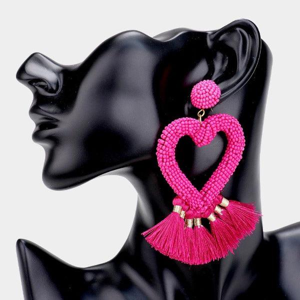 Seed Bead Heart Pink Tassel Earrings-Earring-SPARKLE ARMAND