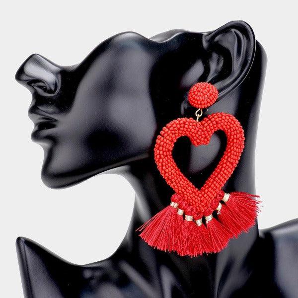 Seed Bead Heart Red Tassel Earrings-Earring-SPARKLE ARMAND