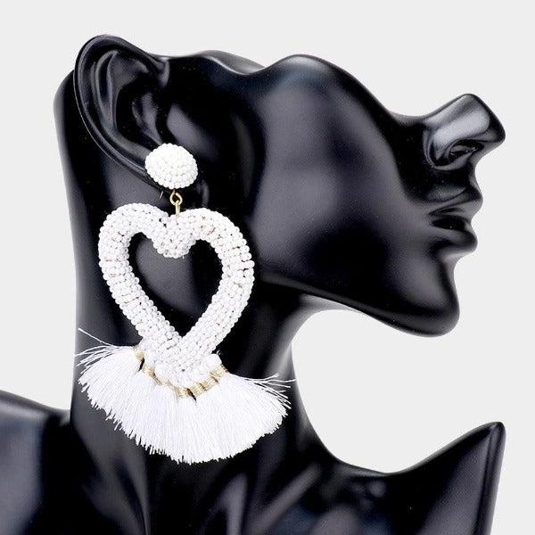 Seed Bead Heart White Tassel Earrings-Earring-SPARKLE ARMAND