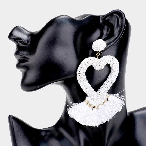 Seed Bead Heart White Tassel Earrings-Earring-SPARKLE ARMAND