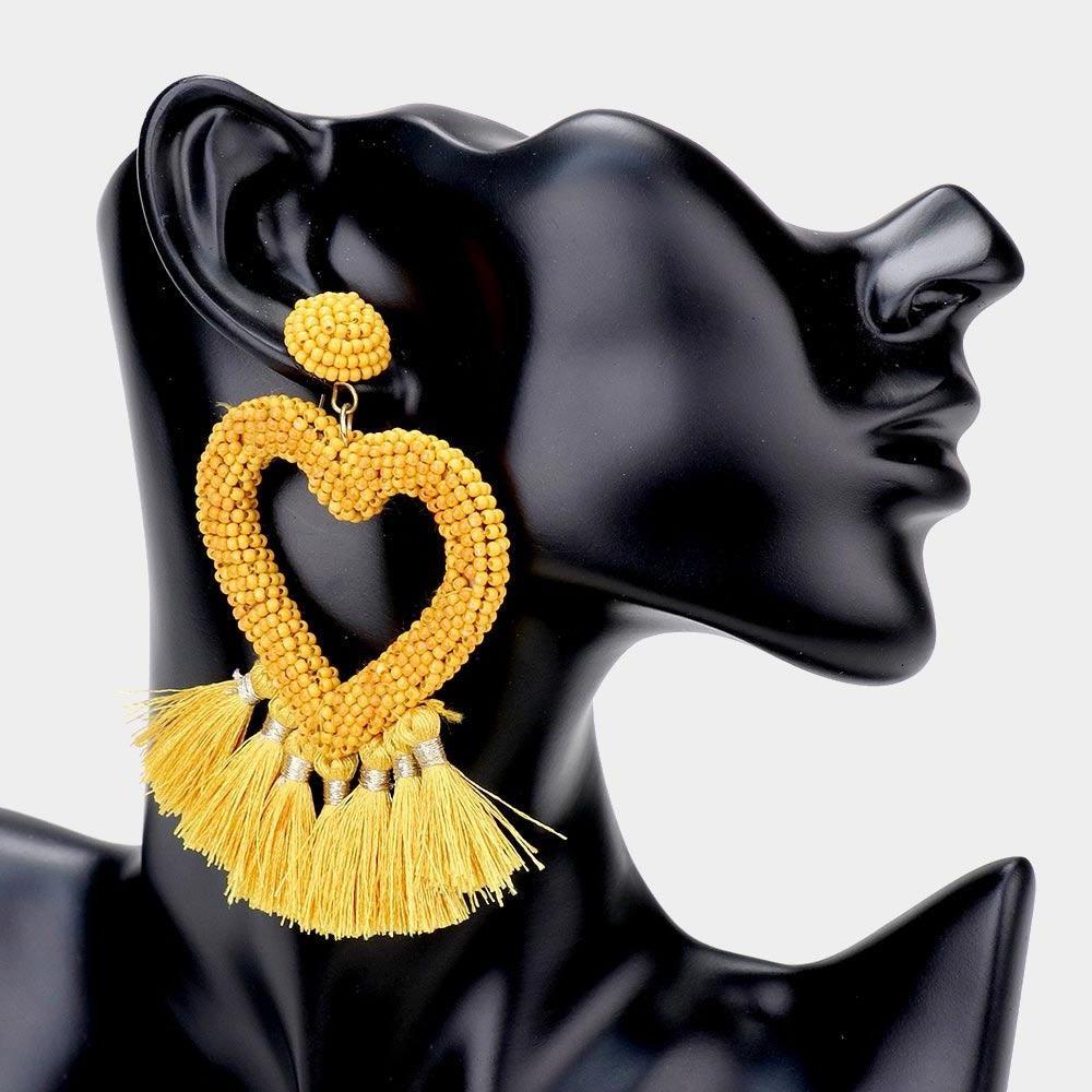 Seed Bead Heart Yellow Tassel Earrings