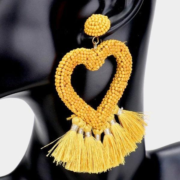 Seed Bead Heart Yellow Tassel Earrings