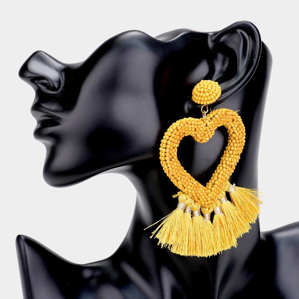 Seed Bead Heart Yellow Tassel Earrings