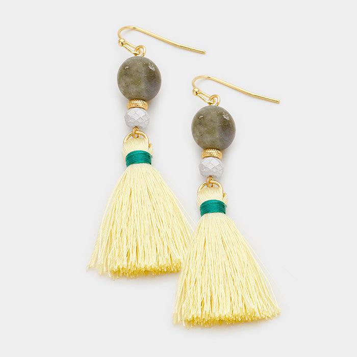 Semi Precious Cream Yellow Tassel Earrings