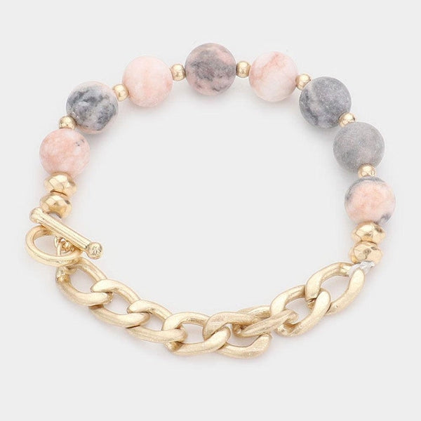 Semi Precious Stone Metal Chain Link Stretch Bracelet