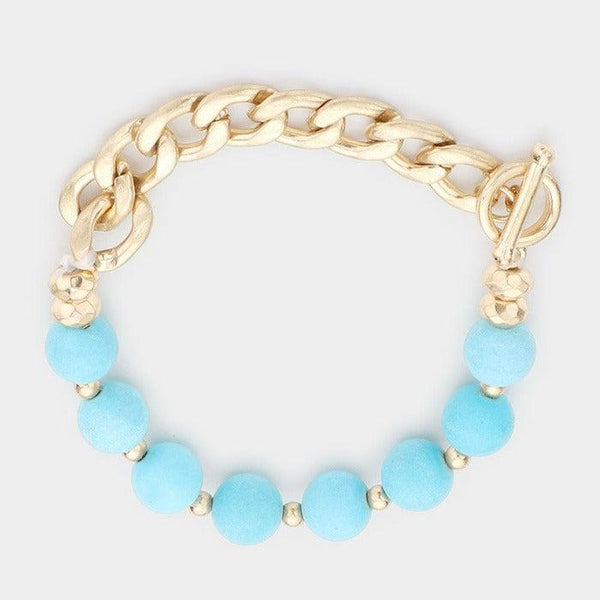 Semi Precious Stone Metal Chain Link Stretch Bracelet
