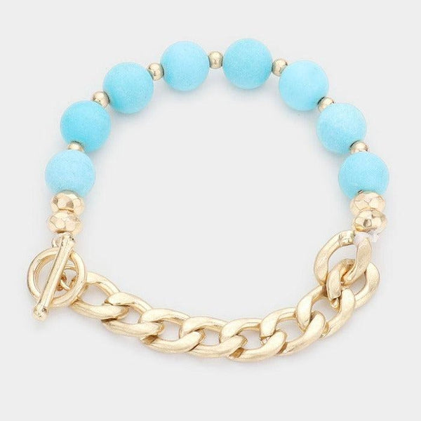 Semi Precious Stone Metal Chain Link Stretch Bracelet