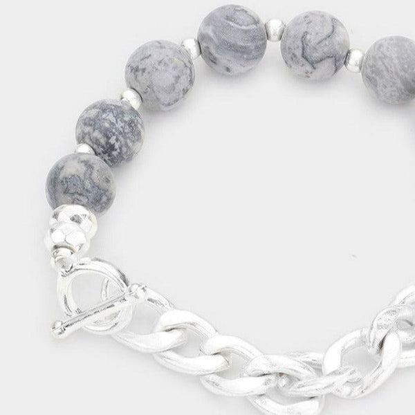 Semi Precious Stone Metal Chain Link Stretch Bracelet