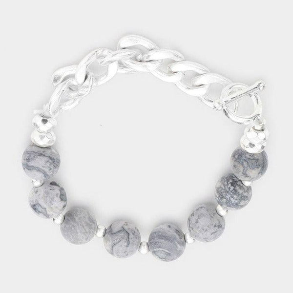 Semi Precious Stone Metal Chain Link Stretch Bracelet