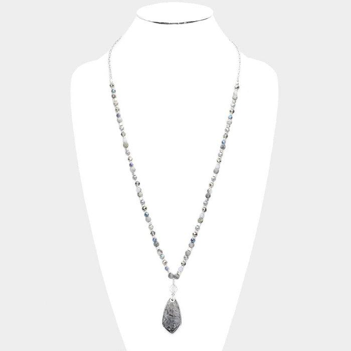 Semi Precious Teardrop Pendant Beaded Long Necklace