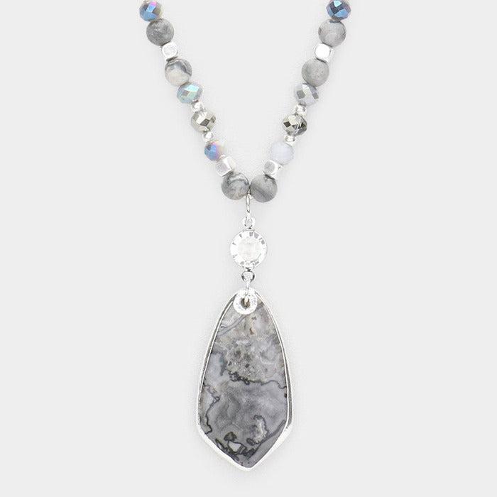 Semi Precious Teardrop Pendant Beaded Long Necklace