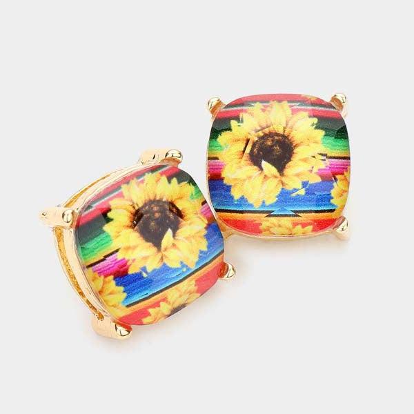 Serape Sunflower Printed Square Stud Earrings
