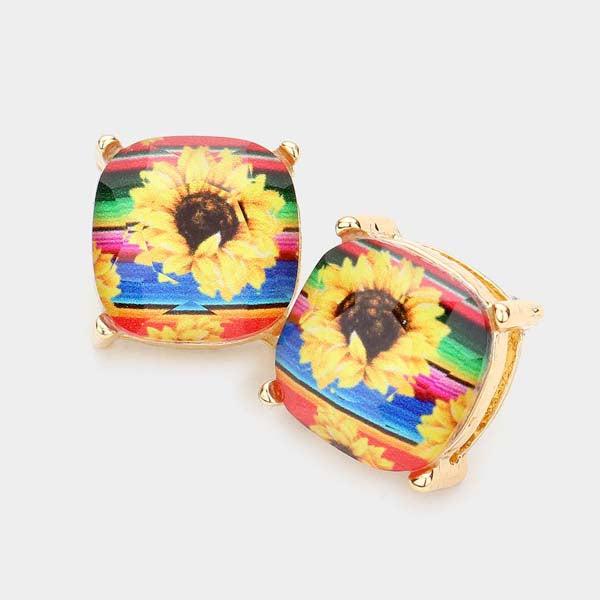 Serape Sunflower Printed Square Stud Earrings