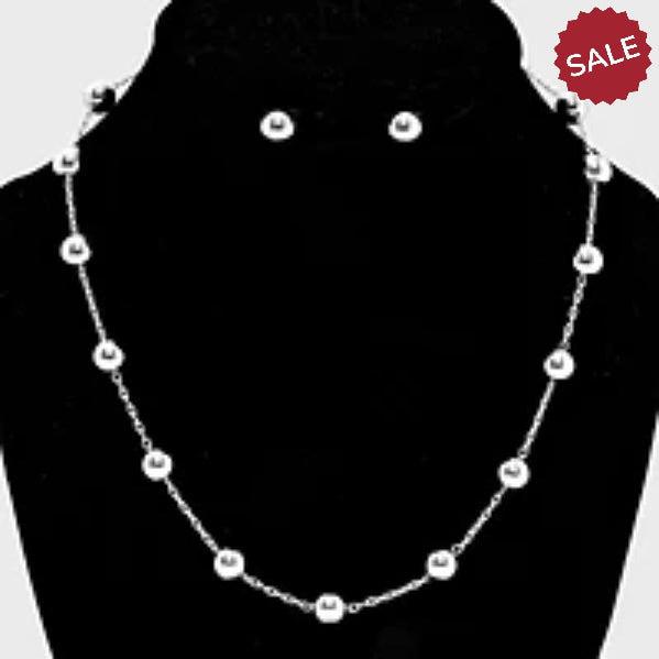 Silver Bead Station Necklace & Earring Set 17"-Necklace-SPARKLE ARMAND