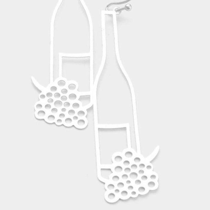 Silver Tone Grape Champagne Bottle Earrings-Earring-SPARKLE ARMAND