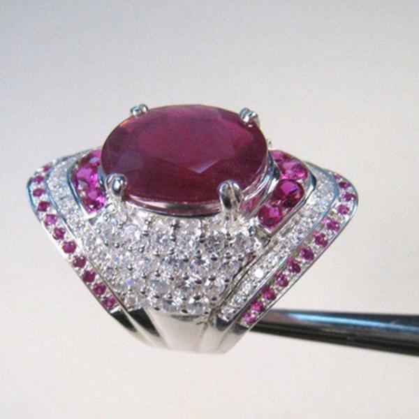 Simulated Ruby Oval Cut 2.85ct Silver Plated Ring Size 9-Ring-SPARKLE ARMAND