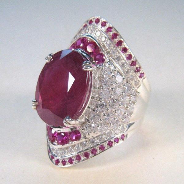 Simulated Ruby Oval Cut 2.85ct Silver Plated Ring Size 9-Ring-SPARKLE ARMAND