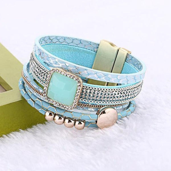 Sky Blue 5-Line Mixed Magnetic Gold Tone Bracelet