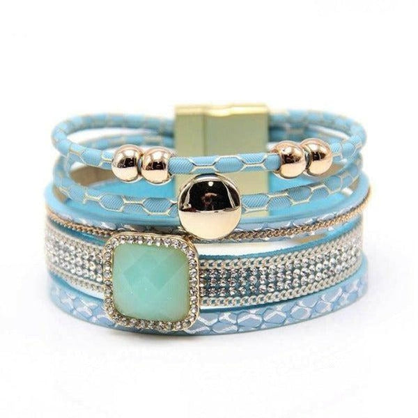 Sky Blue 5-Line Mixed Magnetic Gold Tone Bracelet