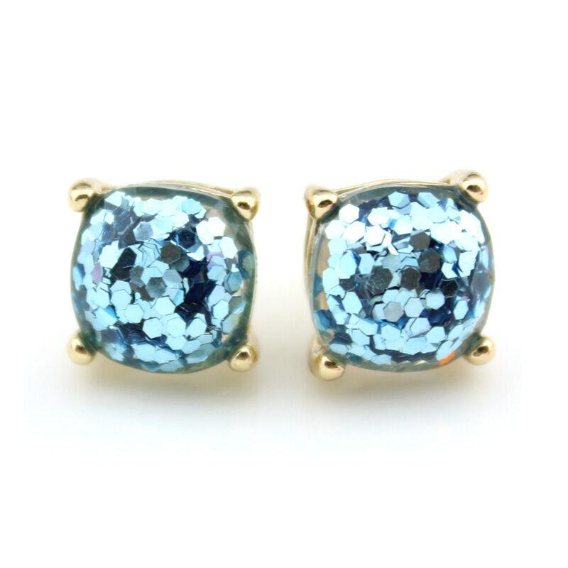 Sky Blue Glitter Gold Tone Earrings-Earring-SPARKLE ARMAND
