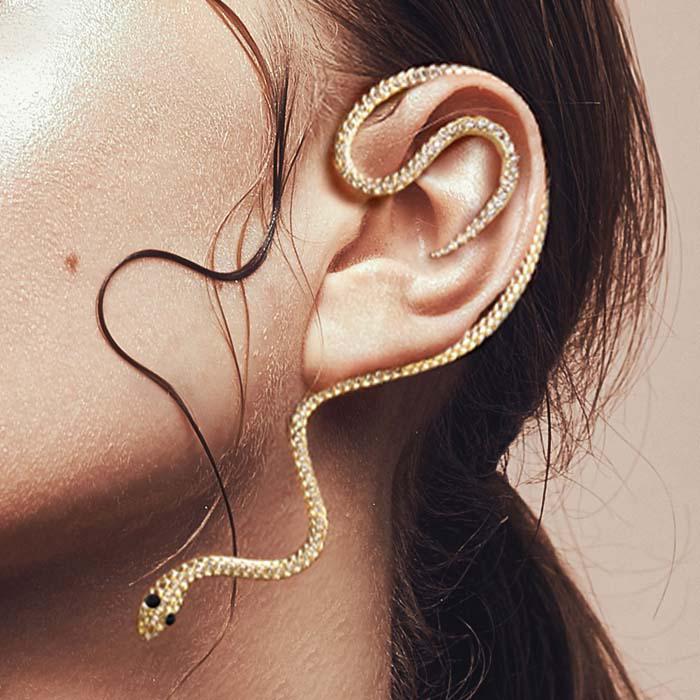 Snake Ear Cuff Rhinestone Embellished Gold Metal Earrings