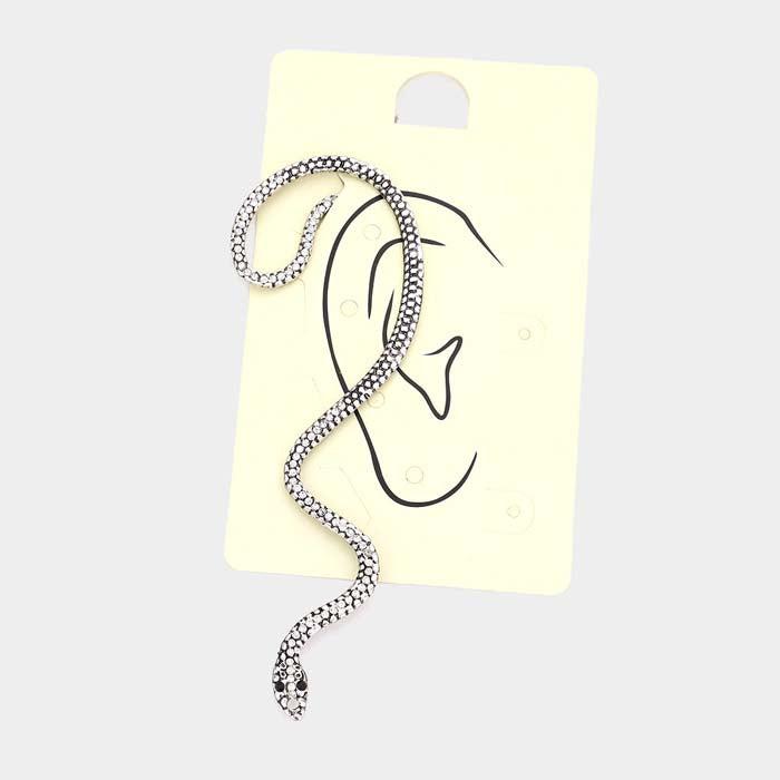 Snake Ear Cuff Rhinestone Embellished Silver Metal Earrings