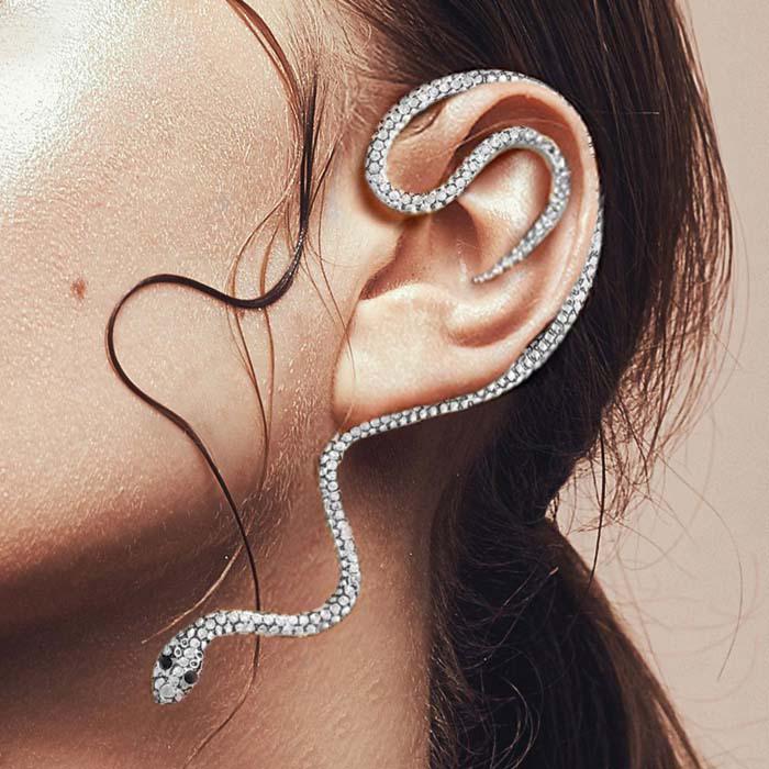 Snake Ear Cuff Rhinestone Embellished Silver Metal Earrings