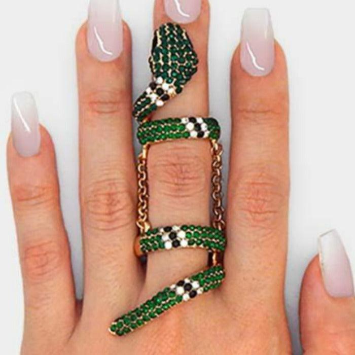 Snake Green Crystal Pave Gold Stretch Ring