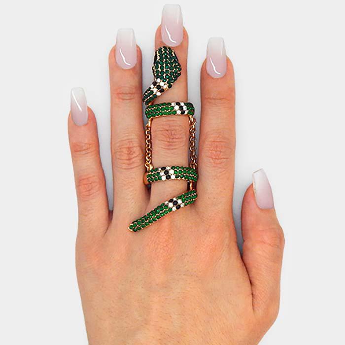 Snake Green Crystal Pave Gold Stretch Ring