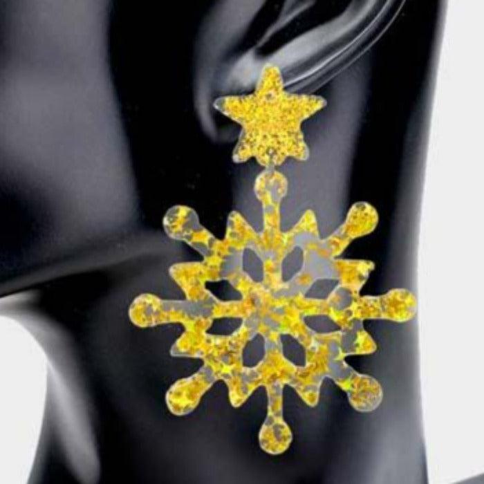 Snowflake Gold Glittered Star Resin Dangle Earrings