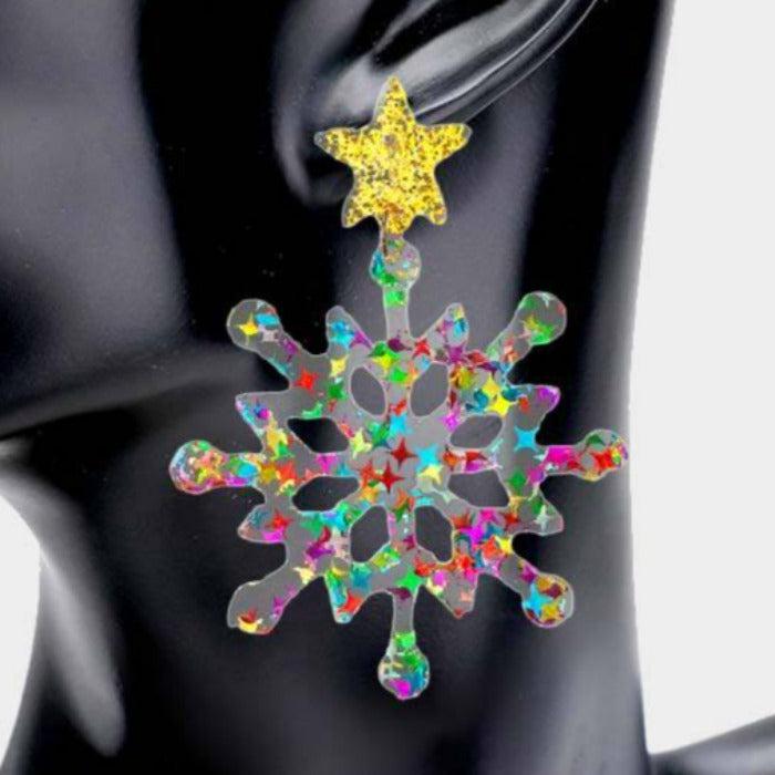 Snowflake Multi Colored Glittered Star Resin Dangle Earrings