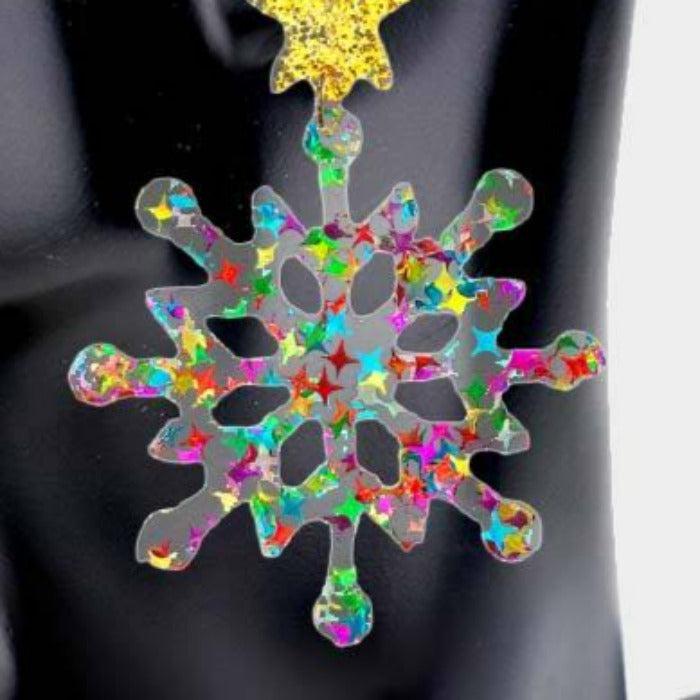 Snowflake Multi Colored Glittered Star Resin Dangle Earrings
