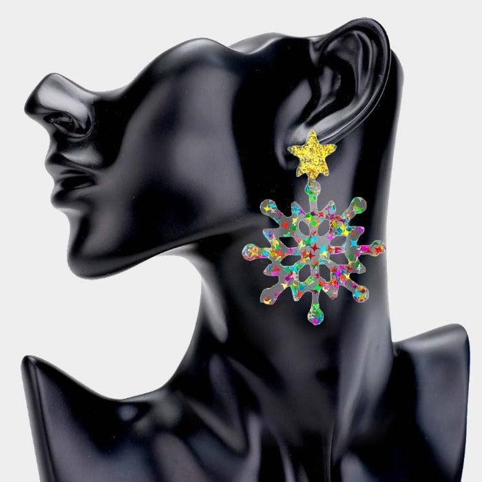 Snowflake Multi Colored Glittered Star Resin Dangle Earrings