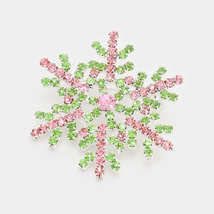 Snowflake Pink & Green Crystal Pave Pin Brooch-Brooch-SPARKLE ARMAND