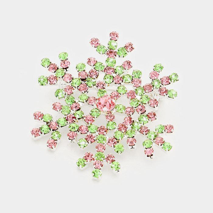 Snowflake Pink & Green Crystal Pave Pin Brooch-Brooch-SPARKLE ARMAND