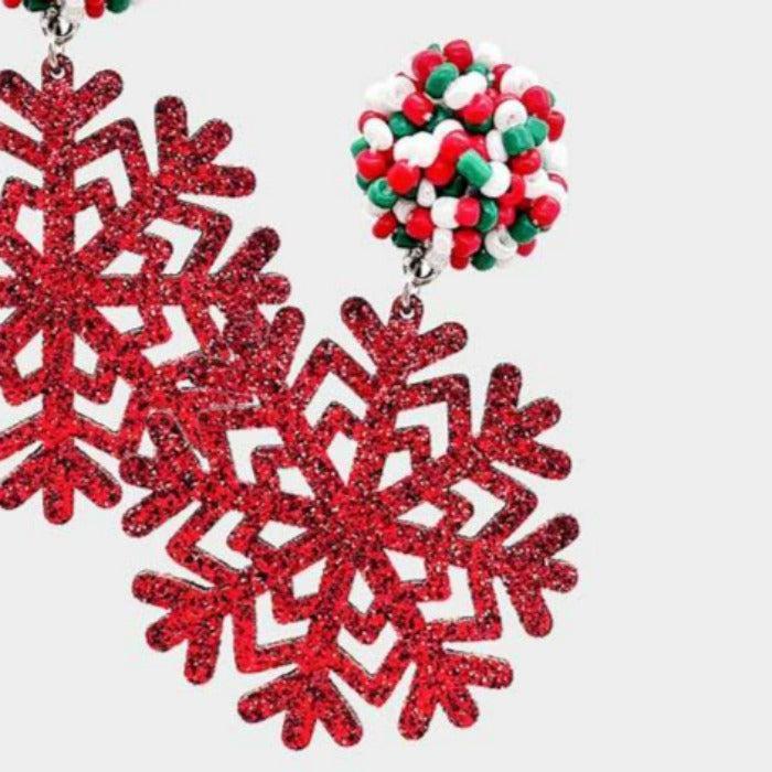 Snowflake Red Glitter Dangle Earrings