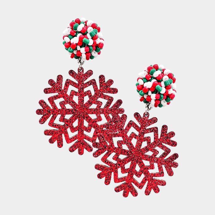 Snowflake Red Glitter Dangle Earrings