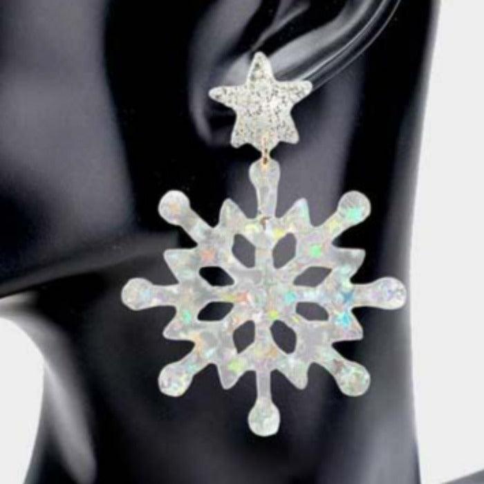 Snowflake Silver Glittered Star Resin Dangle Earrings