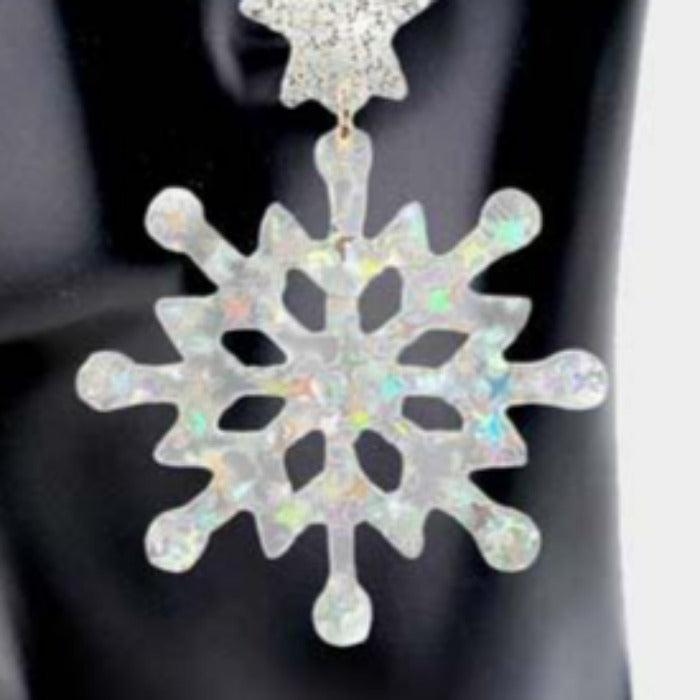 Snowflake Silver Glittered Star Resin Dangle Earrings