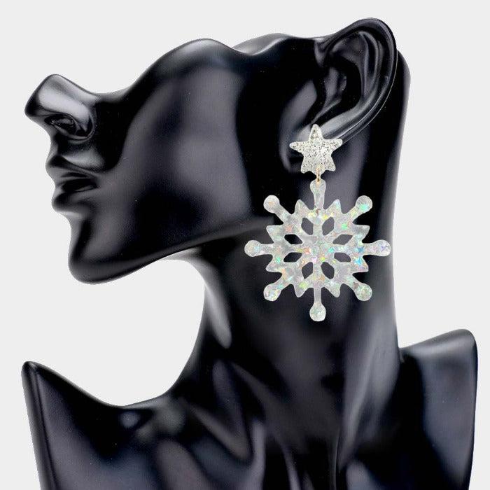 Snowflake Silver Glittered Star Resin Dangle Earrings