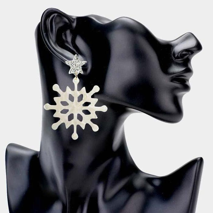 Snowflake White Glittered Star Resin Dangle Earrings
