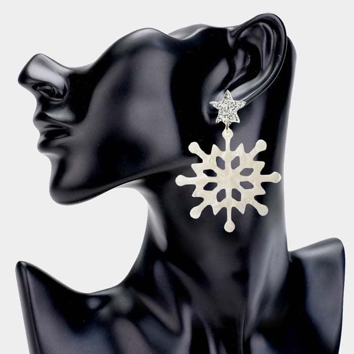Snowflake White Glittered Star Resin Dangle Earrings