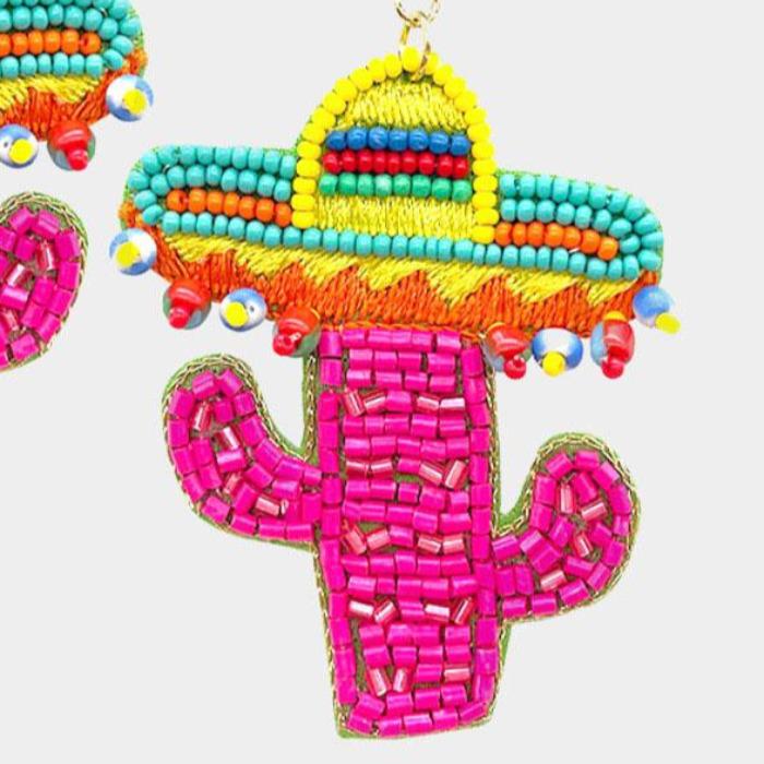 Sombrero Cactus Pink Seed Beaded Earrings-Earring-SPARKLE ARMAND