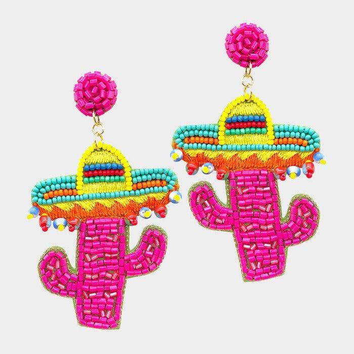 Sombrero Cactus Pink Seed Beaded Earrings-Earring-SPARKLE ARMAND