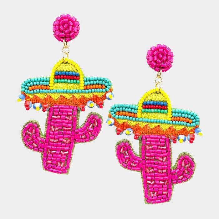 Sombrero Cactus Pink Seed Beaded Earrings-Earring-SPARKLE ARMAND