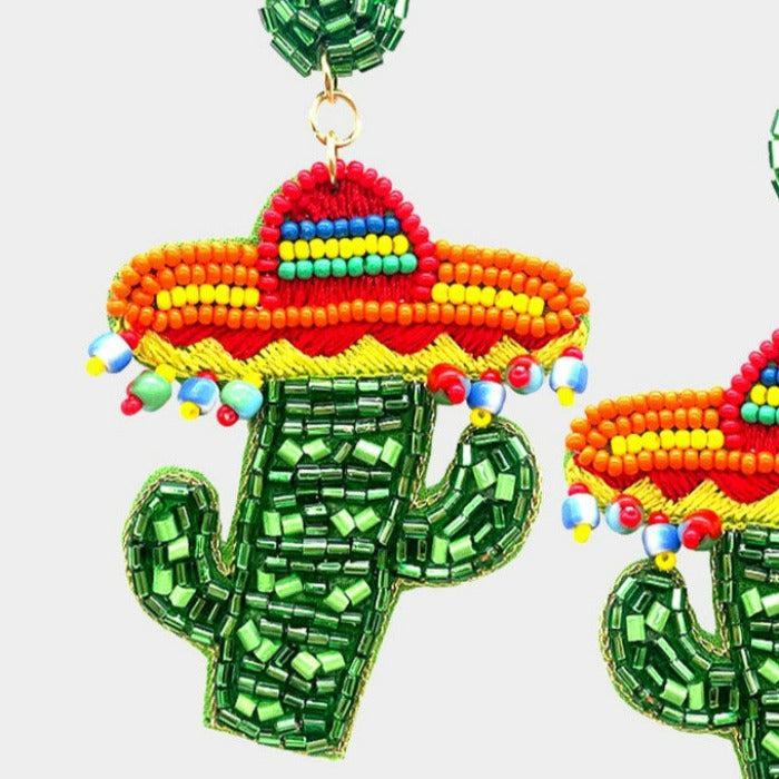 Cactus Sombrero Seed Beaded Dangle Earrings