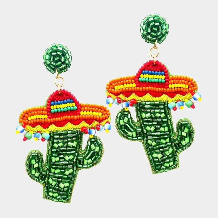 Cactus Sombrero Seed Beaded Dangle Earrings