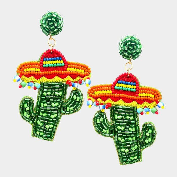 Cactus Sombrero Seed Beaded Dangle Earrings