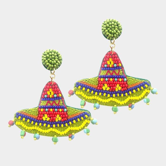 Sombrero Felt Back Seed Beaded Dangle Earrings-Earring-SPARKLE ARMAND